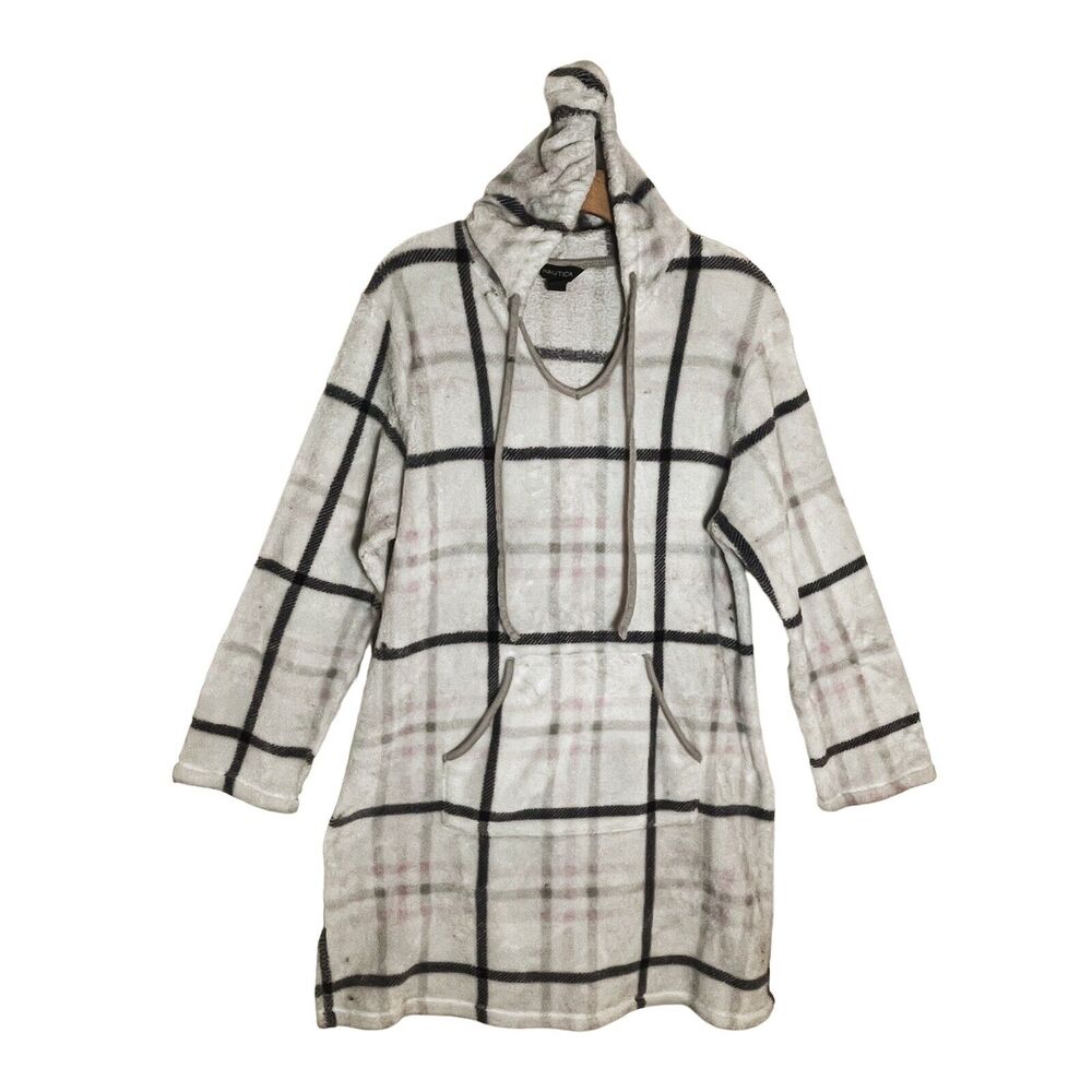 Nautica Hooded Plush Fleece Plaid Tunic Robe Sz XL Womens Kangaroo Pocket Soft